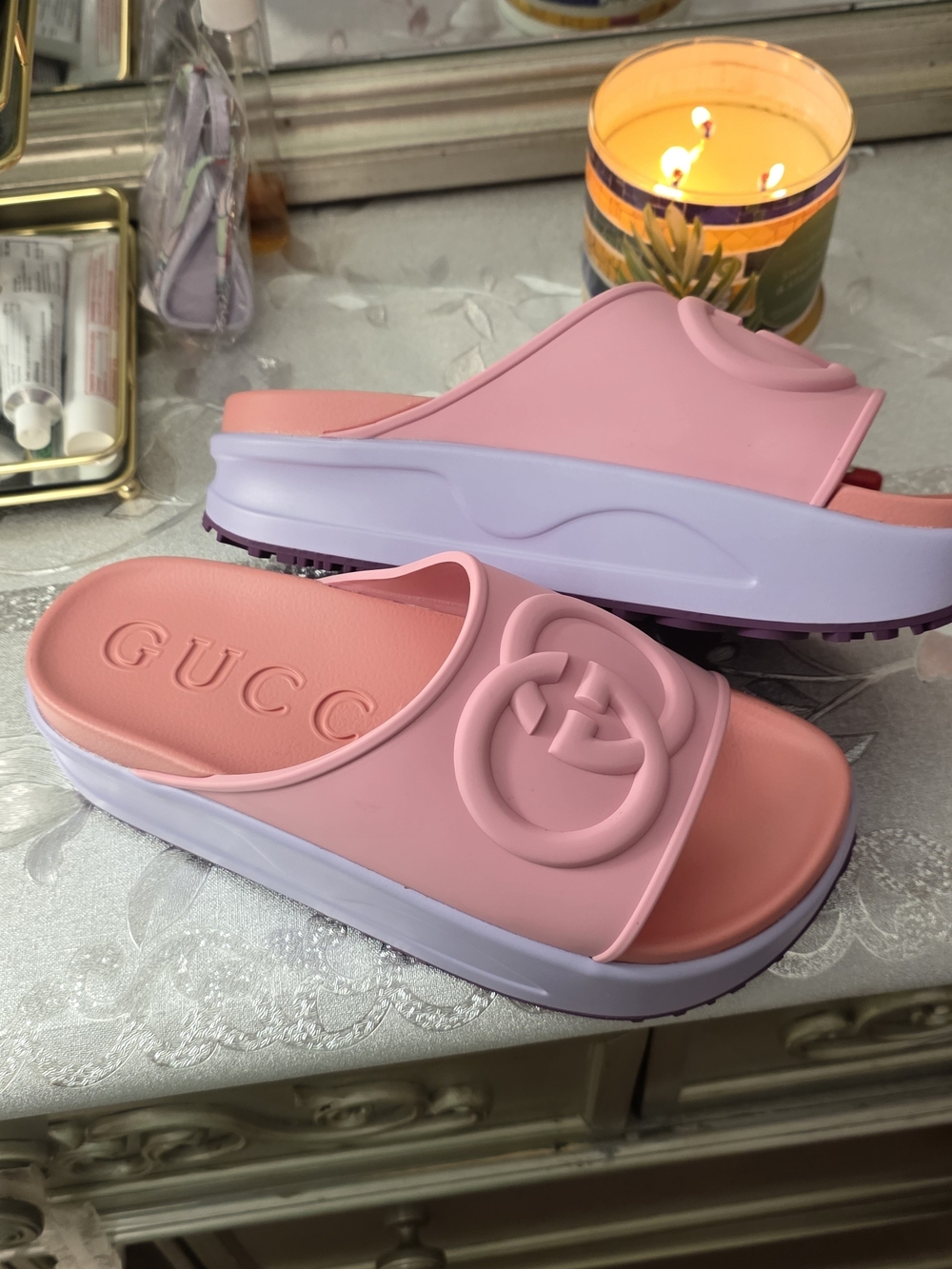 Gucci Pastel Pink Platform Slide Sandals with Lavender Midsole